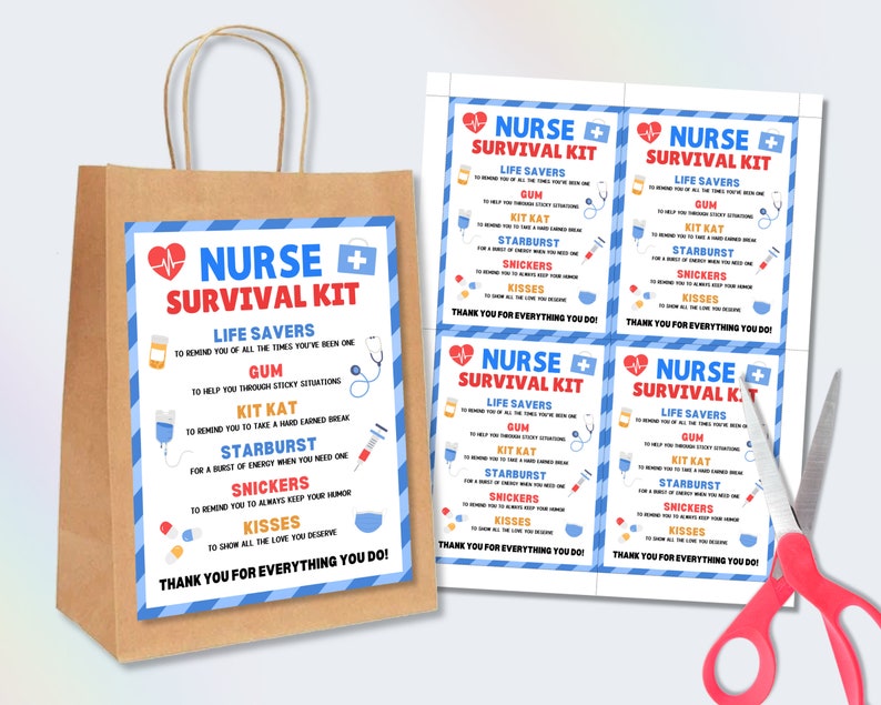 nurse appreciation survival kit, nurses week gift, nurse survival kit tag, gift for nurses, hospital staff appreciation gift tag, happy nurses week, school nurse gift, nurse appreciation week gift, funny nurse gift, staff appreciation treat tag