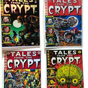 K&ouml;nnte beinhalten: Vier Vintage-Comic-Cover mit Tales from the Crypt. Die Cover zeigen einen Werwolf, eine Mumie, eine Kreatur mit einem Gehirn als Kopf und eine Kreatur mit einem gro&szlig;en Kopf und einem kleinen K&ouml;rper.