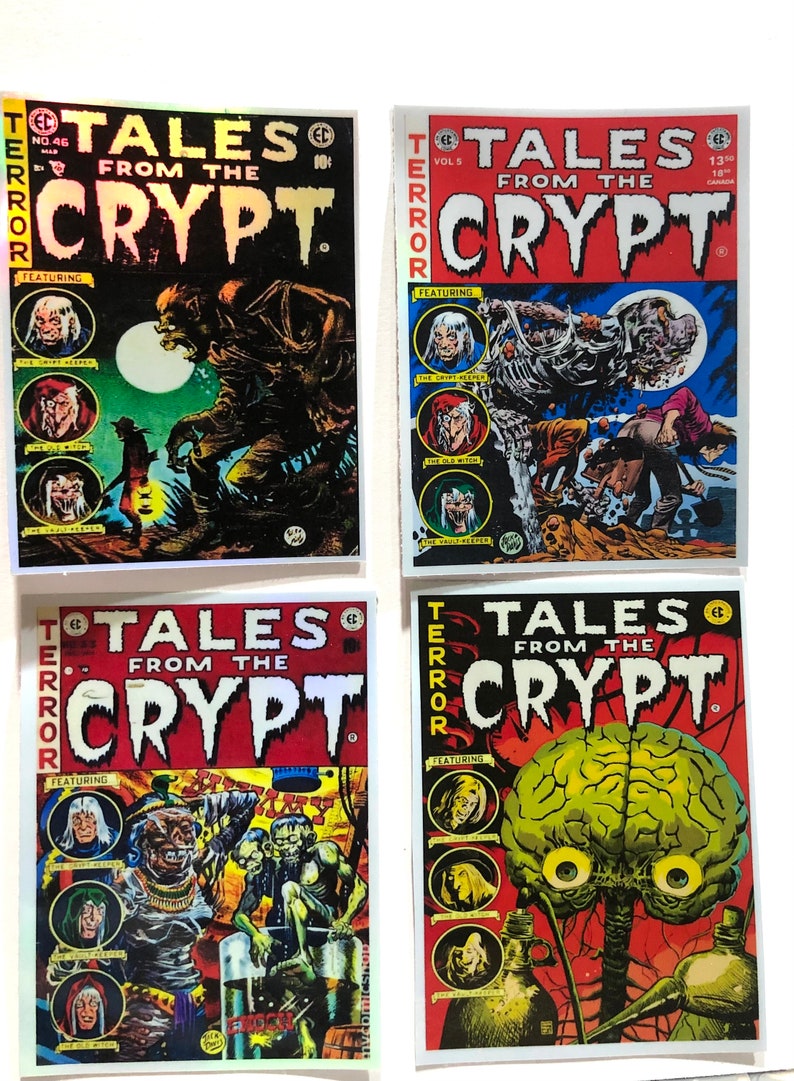 K&ouml;nnte beinhalten: Vier Vintage-Comic-Cover mit Tales from the Crypt. Die Cover zeigen einen Werwolf, eine Mumie, eine Kreatur mit einem Gehirn als Kopf und eine Kreatur mit einem gro&szlig;en Kopf und einem kleinen K&ouml;rper.