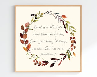 Count Your Blessings Wall Art Printable | Thankful Fall Wreath | Autumn Leaves Print | Hymn Art | Fall Wreath Watercolor | Fall Church Decor