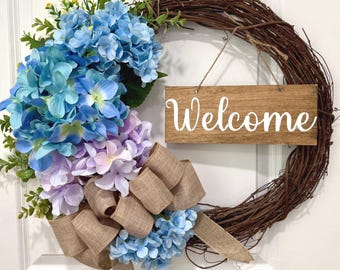 Hydrangea Wreath: 20" Grapevine, Blue & Purple Floral, Burlap Bow