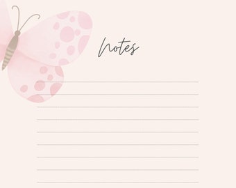 Girly, Blush Pink Butterfly Pattern Notes Page Perfect for College Students, Work, or Staying Organized