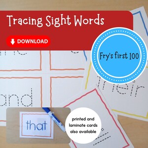 Cartes de mots de vue de traçage imprimables - 100 premiers mots de Fry - lecture de maternelle et de 1ère année, matériel d'école à la maison, cartes de traçage,