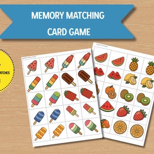 May include: A memory matching card game featuring two printable sheets with summer-themed illustrations of popsicles and fruits. The text reads: MEMORY MATCHING CARD GAME, 2 CARD GAMES, PDF DOWNLOAD, 2 SETS OF 10 MATCHES, SUMMER THEME.