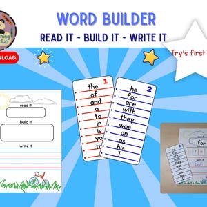 May include: A word builder educational worksheet set featuring the text WORD BUILDER, READ IT - BUILD IT - WRITE IT, and fry's first 100. Includes two word lists numbered 1 and 2, a blank practice sheet with a bicycle graphic, and a demonstration photo.