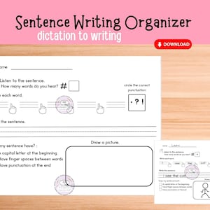 May include: Black and white printable worksheet for sentence writing practice. The worksheet includes a section for writing the sentence, a section for drawing a picture, and a section for checking if the sentence has a capital letter, finger spaces, and punctuation. The worksheet also includes the text "I see the cat" and a drawing of a person and a cat.