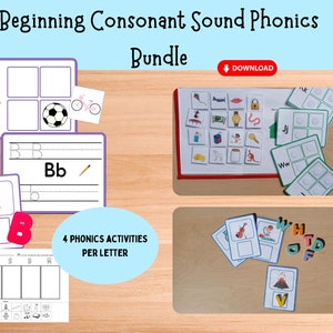 May include: A phonics bundle with the text "Beginning Consonant Sound Phonics Bundle." The image shows various educational materials, including flashcards, worksheets, and letter tiles. The materials feature illustrations and the letters B, J, W, and V. The text "4 PHONICS ACTIVITIES PER LETTER" is also visible.