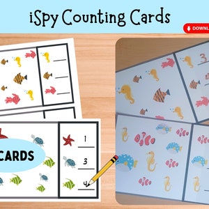 May include: A set of 20 printable iSpy counting cards featuring colorful sea creatures. The cards are designed for children to count the number of seahorses, fish, turtles, and starfish.