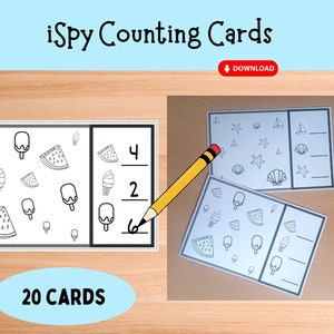 Op de afbeelding: Een set van 20 printbare iSpy-telkaarten met zomerse afbeeldingen zoals ijshoorntjes, watermeloenpartjes, schelpen en zeilboten. Elke kaart heeft een afbeelding met een bijbehorend getal om te tellen.