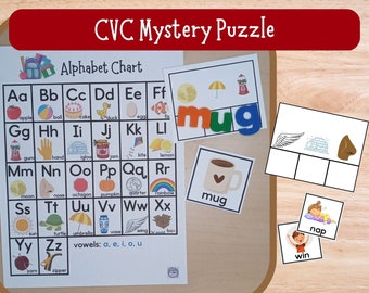 May include: A colorful alphabet chart with pictures and words for each letter.  There are also several cards with pictures and words for CVC (consonant-vowel-consonant) words.  The words include "mug", "nap", and "win".