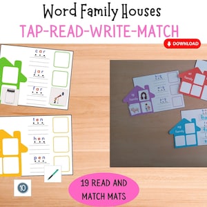 May include: A set of 19 printable word family house activity mats. The mats feature different word families, such as "ar", "en", "ig", "et", and "og". Each mat includes a house with a picture and a word, and a space for writing the word. The mats are designed to help children learn about word families and improve their reading and writing skills.