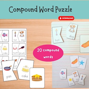 May include: A printable compound word puzzle for kids. The puzzle features 20 compound words with illustrations. The words include: starfish, hotdog, pancake, toothbrush, raincoat, and pancake.