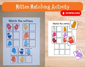 Puede incluir: Una actividad de emparejamiento de guantes imprimible para niños. La hoja de trabajo tiene dos secciones, cada una con una cuadrícula de cuadrados. La sección superior tiene las palabras "Match the mittens" y la sección inferior tiene las palabras "Match the mitten". Hay guantes coloridos con diferentes patrones y diseños para emparejar.