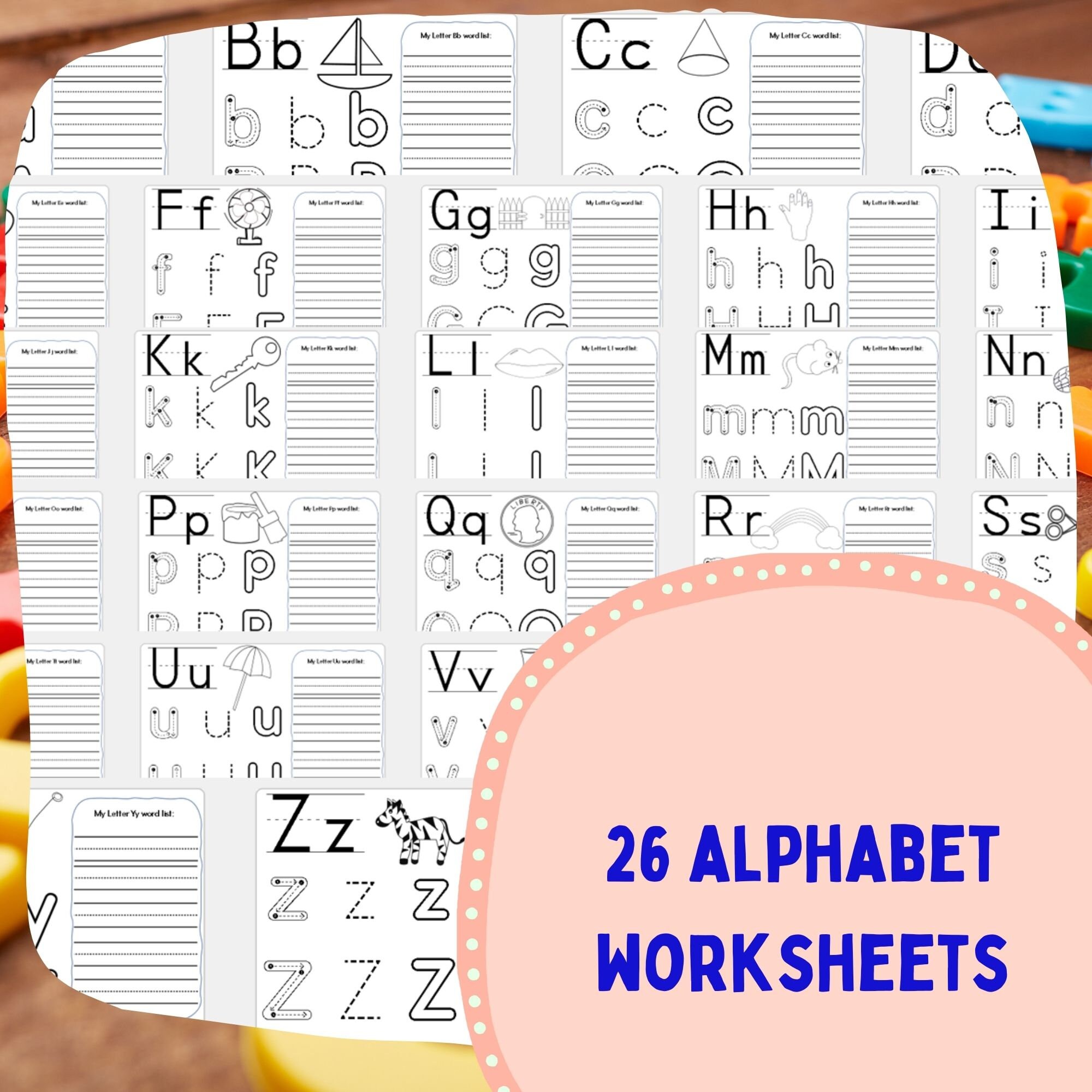 26 Alphabet Worksheet- Letter Tracing, Playdoh Mat, Uppercase Lowercase ...