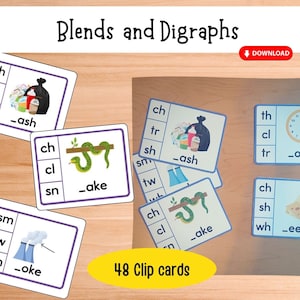 May include: 48 clip cards for learning blends and digraphs. The cards feature colorful illustrations and words like "ash", "ake", "ock", and "eese".