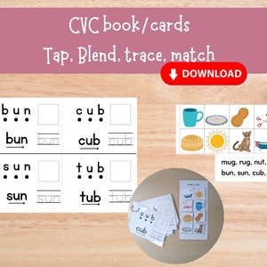 CVC imprimible Toca, mezcla, lee, actividad para preescolar, jardín de infantes y primer grado. Plan de estudios de lectura en casa, sonidos de letras.