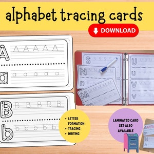 May include: Black and white alphabet tracing cards with dotted lines for letter formation practice. The cards are labelled with the letters A, B, S, N, M, U, and V. The text "alphabet tracing cards" and "DOWNLOAD" is visible at the top of the image. The text "LETTER FORMATION, TRACING, WRITING" is visible on the right side of the image. The text "LAMINATED CARD SET ALSO AVAILABLE" is visible on the right side of the image.