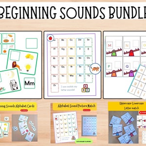 Juego de sonido de letras iniciales, tarjetas y combinación de mayúsculas y minúsculas imprimible: para preescolar y jardín de infantes, educación en el hogar y en el aula