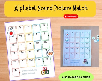 Könnte beinhalten: Ein druckbares Alphabet-Sound-Bild-Matching-Aktivitätsblatt mit bunten Buchstaben und Bildern. Das Blatt enthält den Titel "Alphabet Sound Picture Match" und einen Download-Button. Das Blatt ist für Kinder konzipiert, um die Buchstabenlaute mit den entsprechenden Bildern zuzuordnen.