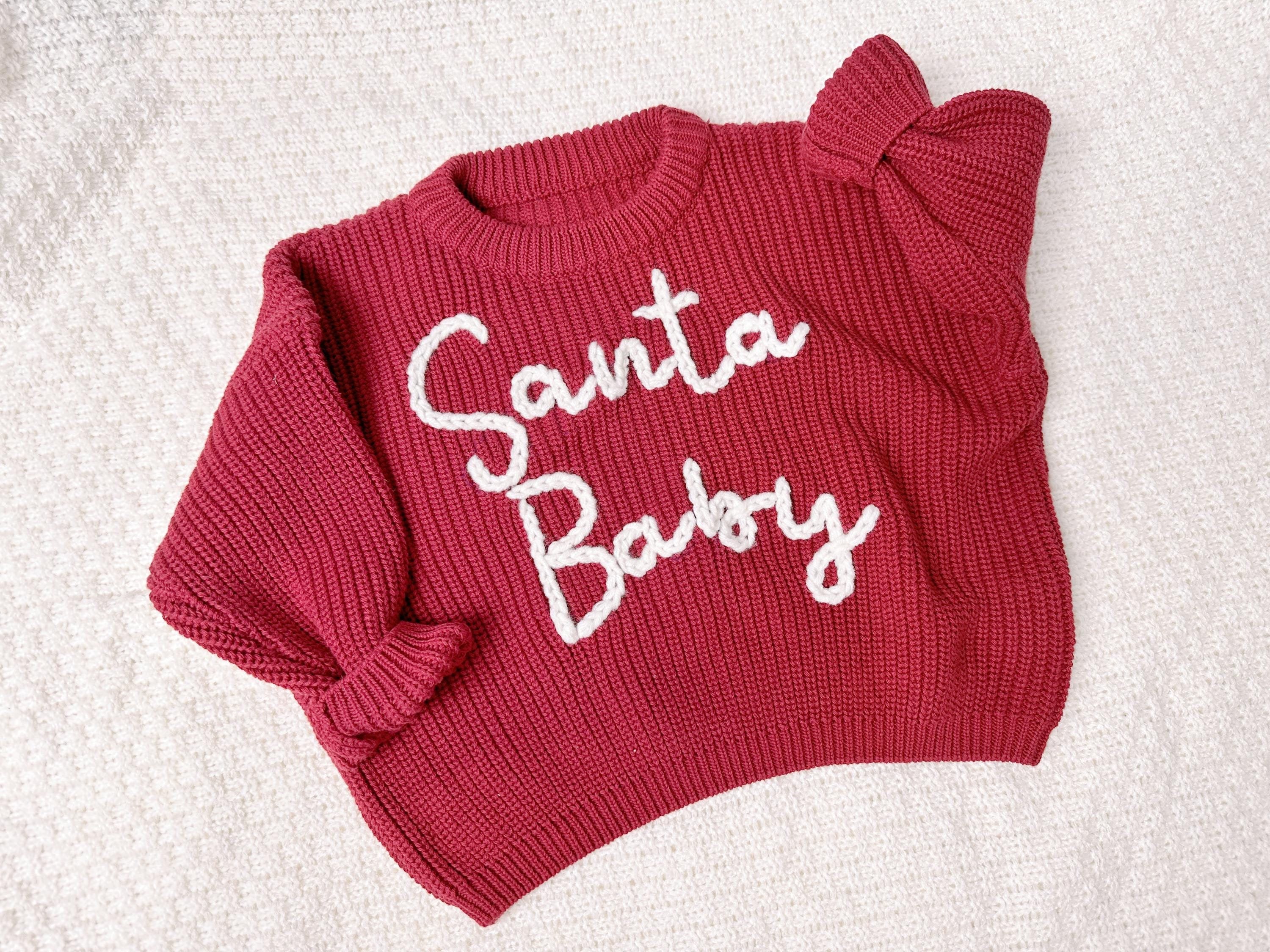 Hand Embroidered Christmas Santa Baby Sweater,Christmas Baby Knitted Jumper,Newborn First Christmas Gift, Newborn Shower Gift