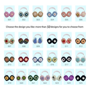 K&ouml;nnte beinhalten: Eine Sammlung von 25 verschiedenen Ohrenschutz-Designs, jedes mit einem einzigartigen Muster und einer Farbkombination. Die Ohrensch&uuml;tzer sind aus geh&auml;keltem Stoff gefertigt und weisen eine Vielzahl von Designs auf, darunter Blumen, Herzen und geometrische Muster. Die Ohrensch&uuml;tzer werden auf einem wei&szlig;en Hintergrund mit einer Nummer unter jedem Design angezeigt.