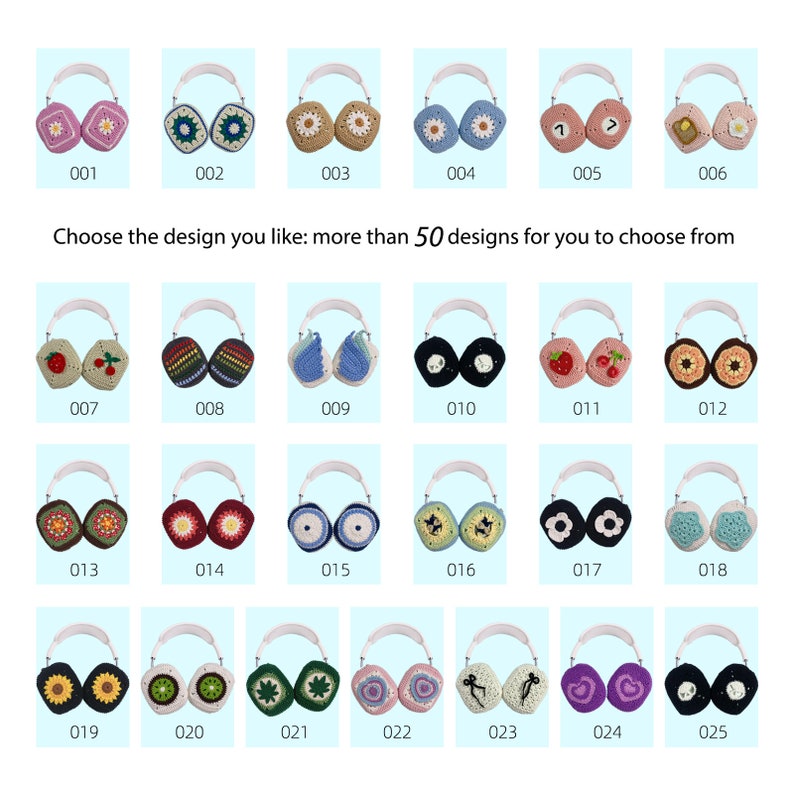 K&ouml;nnte beinhalten: Eine Sammlung von 25 verschiedenen Ohrenschutz-Designs, jedes mit einem einzigartigen Muster und einer Farbkombination. Die Ohrensch&uuml;tzer sind aus geh&auml;keltem Stoff gefertigt und weisen eine Vielzahl von Designs auf, darunter Blumen, Herzen und geometrische Muster. Die Ohrensch&uuml;tzer werden auf einem wei&szlig;en Hintergrund mit einer Nummer unter jedem Design angezeigt.