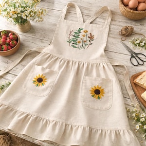 Kundenspezifische Sonnenblumen-natürliche gestickte Schürze für Frauen, personalisierte handgestickte Schürze, Blumenstickerei-Schürze