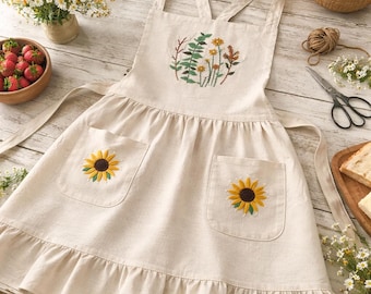Customized Sunflower Natural Embroidered Apron For Women, Personalized Hand-Embroidered Apron, Flower Embroidery Apron