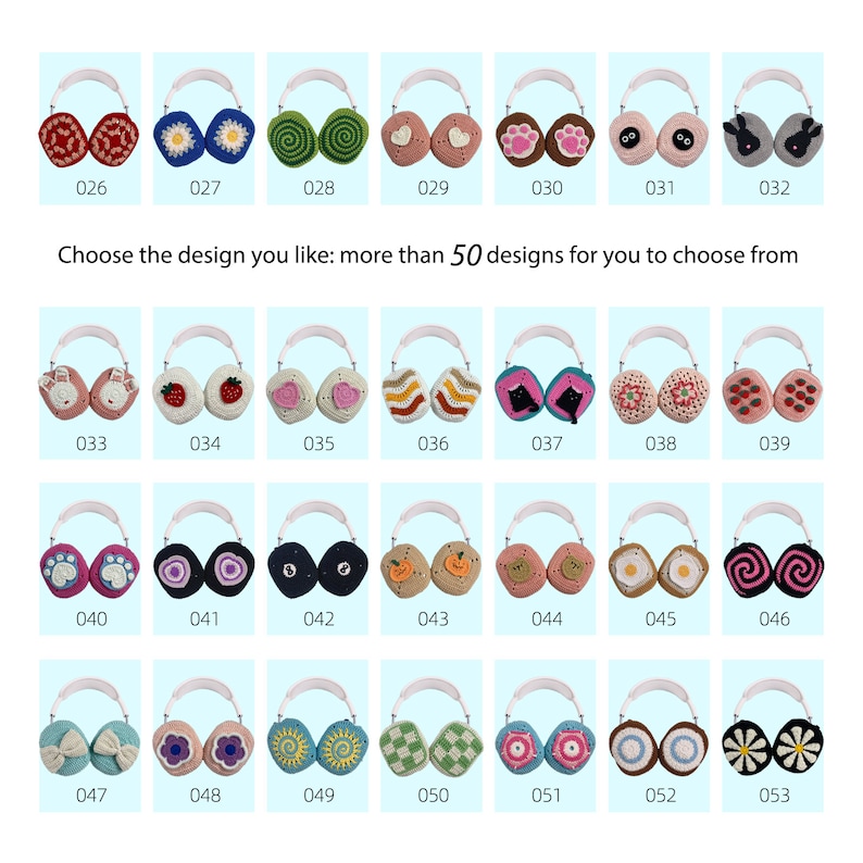 K&ouml;nnte beinhalten: Eine Auswahl von 53 verschiedenen Ohrenschutz-Designs, jedes mit einem einzigartigen Muster und einer Farbkombination. Die Ohrensch&uuml;tzer sind aus gestricktem Stoff gefertigt und haben ein wei&szlig;es Stirnband. Die Designs umfassen Tiere, Blumen, geometrische Muster und mehr.