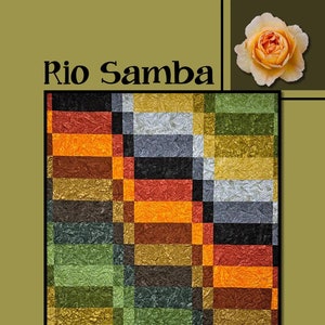 May include: A quilt pattern called "Rio Samba" by Villa Rosa Designs. The quilt is made up of a grid of colorful squares in shades of green, orange, brown, black, and gray.