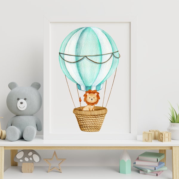 Nursery decor, hot air balloon, woodland animals, lion, baby room decor 8x10, 11 x 14