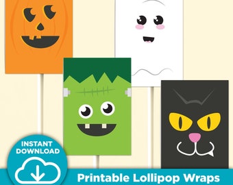 Cute Printable Halloween Lollipop Wraps, Trick or Treat Character Candy Covers, Jack-o-lantern, Monster, Black Cat, Ghost, Suckers Download