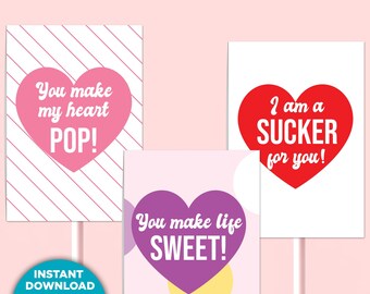 Cute Printable Lollipop Valentine, Valentine's Day Candy Exchange, Valentines Sucker Card, Instant Download