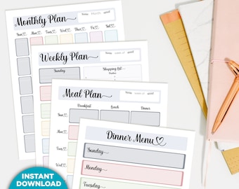 Printable Meal Planner Bundle, Weekly, Monthly, Dinner Menu (Fillable PDF)