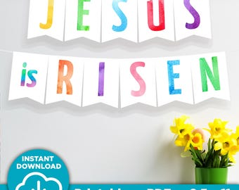 Printable Jesus is Risen Banner, Resurrection Sunday, Easter Church Decor, Sunday School Bulletin Board, Pastel Watercolor, Instant Download
