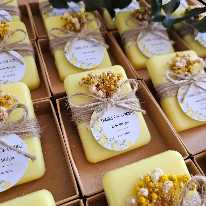 Citrus Bloom Party Soap Favors Lemon Themed Handcrafted Soaps Personalized Labels Live Flowers Lemon Party Shower Favor 1.75oz image 4