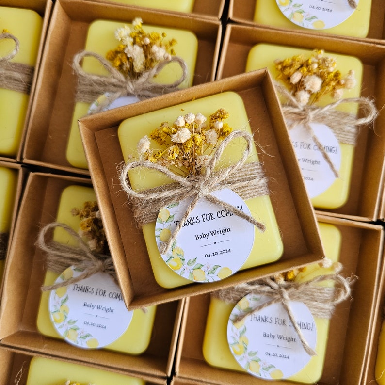 Citrus Bloom Party Soap Favors Lemon Themed Handcrafted Soaps Personalized Labels Live Flowers Lemon Party Shower Favor 1.75oz image 2