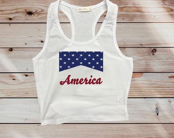 America Star Pocket White Crop Tank – Patriotic Summer Top
