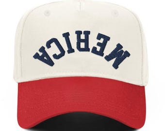 MERICA Hat | Upside Down Trucker Hat | Red/Natural Patriotic Cap | Funny 4th of July Hat | American Flag Party Hat | Country USA Hat