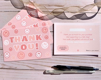 Groovy Thank You Cards Smiley Face Spring Summer Packaging Cards for Small Business Happy Face Cute Pink Insert Cards Shipping Supplies