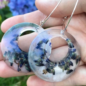 Resin Earrings With Real Lavender Dried Flower Handmade Gift for Her Hoop Earrings Resin Jewellery