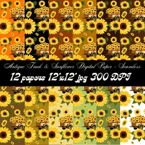 Vintage Truck & Sunflower Digital Paper 12-Pack Set, Seamless pattern, Scrapbook Paper, Printable Paper