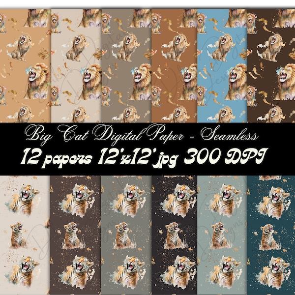 Lachende Raubkatze Nahtloses Digitales Papier 12er-Pack, Löwe Scrapbooking Papier, Tiger Digitales Papier, Tier Digitale Journal Cover