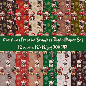 Weihnachten Französische Bulldogge nahtlose Muster, Set von 12 digitalen Papieren, Weihnachten Frenchie Papier, Santa Hunde, Weihnachten Hintergrund, Urlaub