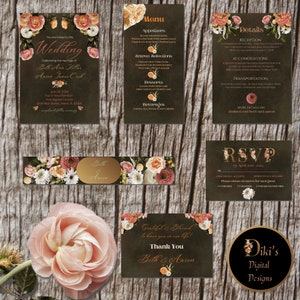 Brown Floral Wedding Invitation Template Download, Wedding Menu, Wedding Table Number, Wedding Bundle, Rustic Invitation,