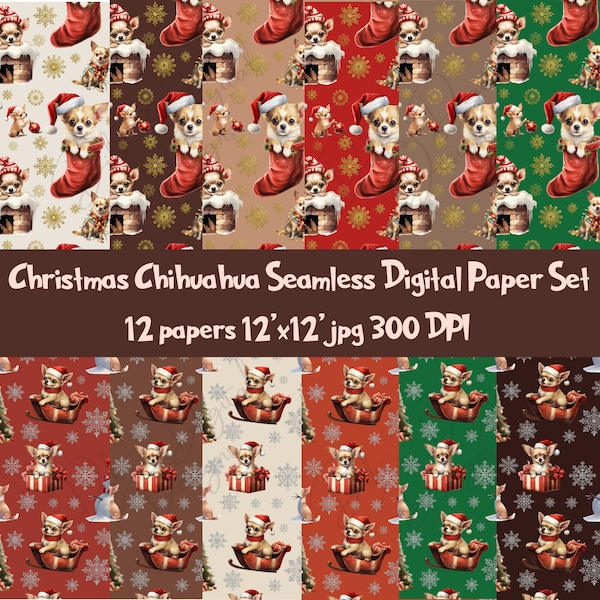 Christmas Chihuahua Seamless Digital Paper - 12 Piece Set, Cute Christmas Dogs, Chihuahua Patterns, Canine Backgrounds, Santa Hat Patterns,