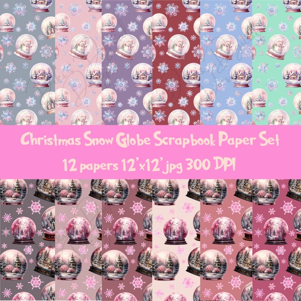 Christmas Snow Globe Seamless Digital Paper Set of 12, Xmas Pattern, Christmas Backgrounds, Winter Wonderland Patterns, Printable Paper