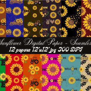 Sunflower Digital Paper 12-Pack, Printable Sunflower Paper, Scrapbooking Paper