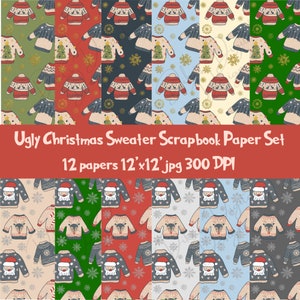 Ugly Christmas Sweater Seamless Pattern Set of 12, Christmas Sweater Digital Paper, Ugly Sweater Printable Background
