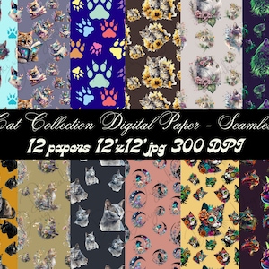 Cat Collection Digital Paper 12-Pack, Papel de gato imprimible, Papel de scrapbooking de gato,